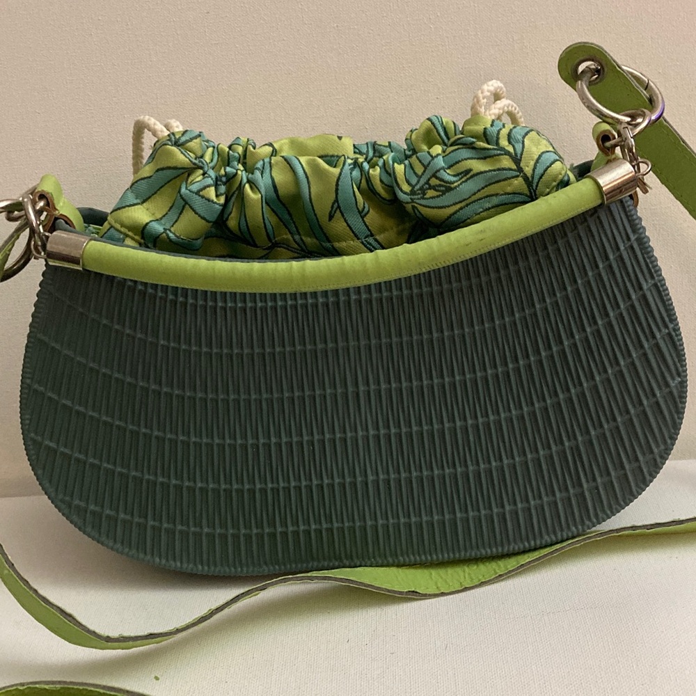 O bag Italian Green Gray Bag plastic on the bottom fabric bag inside 11x7 boho - Picture 6 of 7